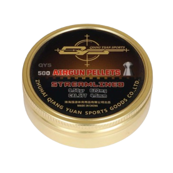 QYS Streamlined .177 Heavy Airgun Pellets (9.56 gr) – 500 Count Tin